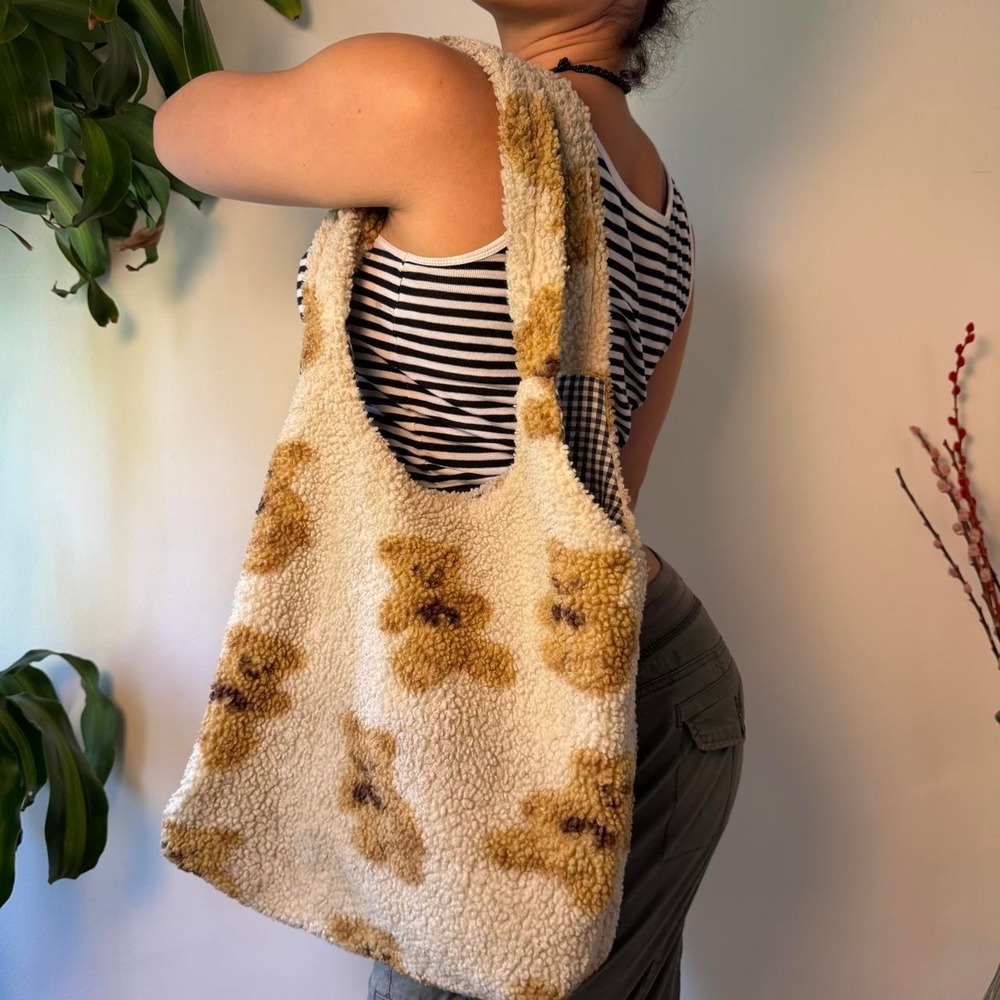 Vintage Kawaii Fuzzy Teddy Bear Tote Bag Beige Gingham Large Beach Gym Bag